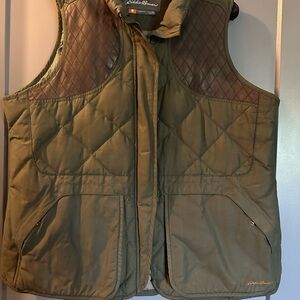 Eddie Bauer Olive Quilted Vest with Brown Accents